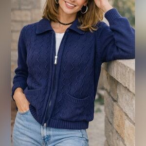 Alia 90s Zip-Up Knit Sweater Jacket Navy Blue - Size MP